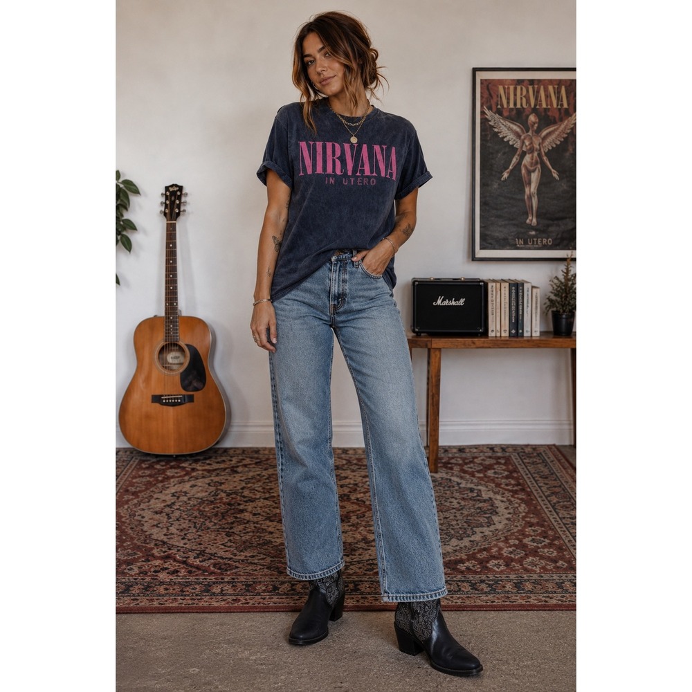 Nirvana In Utero Acid Wash Graphic T-Shirt Pink Charcoal Grey Medium